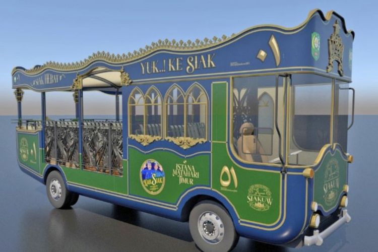 Bus wisata rancangan Pemkab Siak untuk para wisata berkeliling di obyek-obyek wisata Siak Sri Inderapura dengan ornamen-ornamen Istana Siak. 