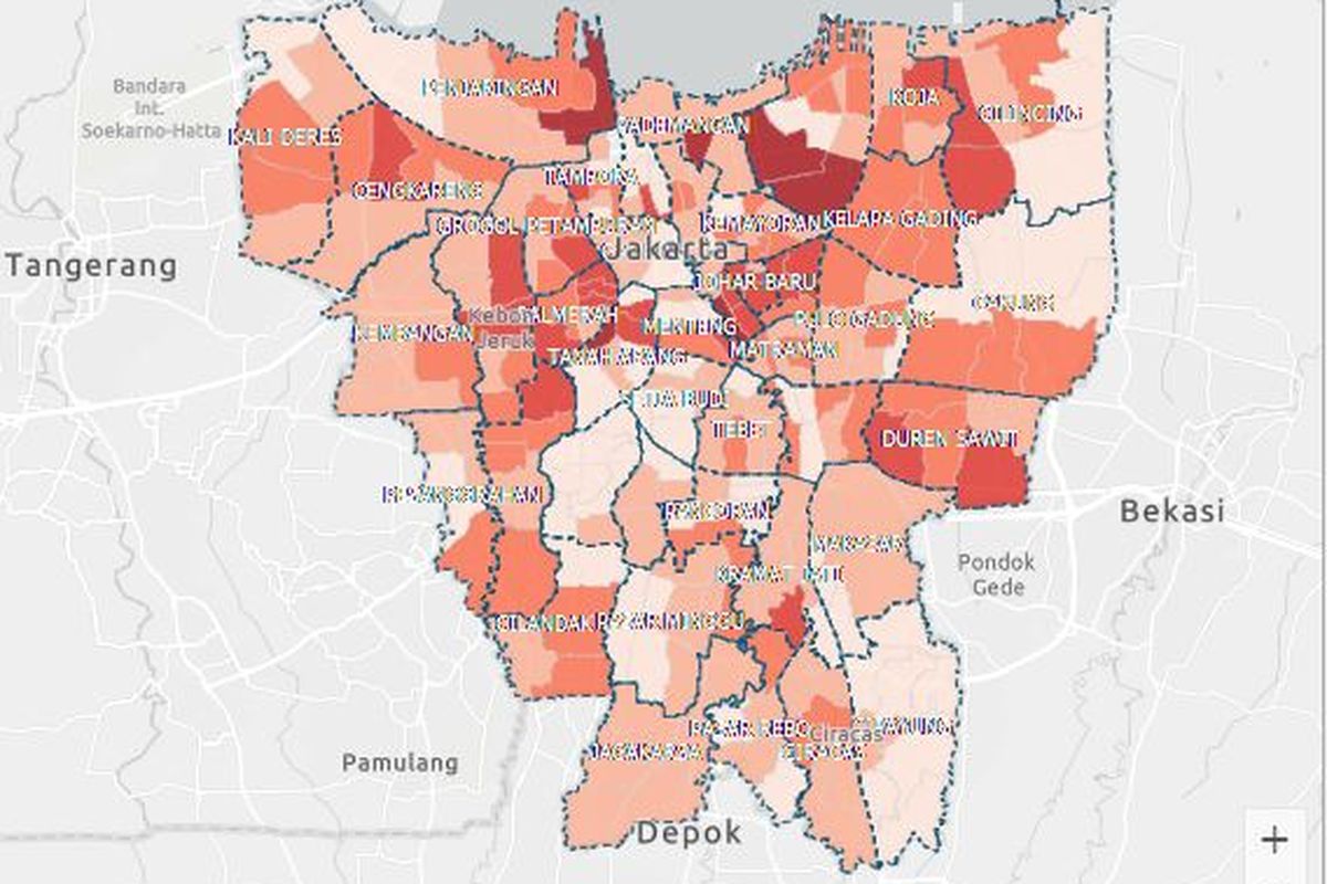 Peta persebaran Covid-19 di Jakarta. Provinsi DKI Jakarta masih menjadi zona merah penyebaran virus corona di tanah air.