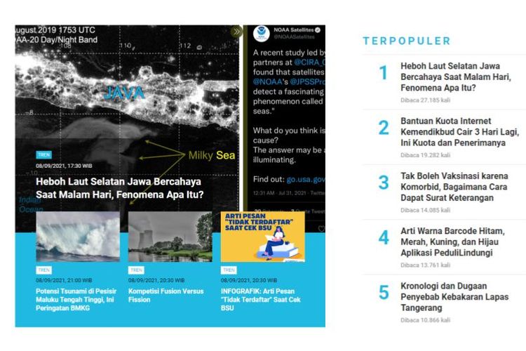 Berita populer Tren, 9 September 2021: Heboh Laut Selatan Jawa bercahaya pada malam hari || Bantuan kuota internet Kemendikbud yang akan cair beberapa hari lagi.