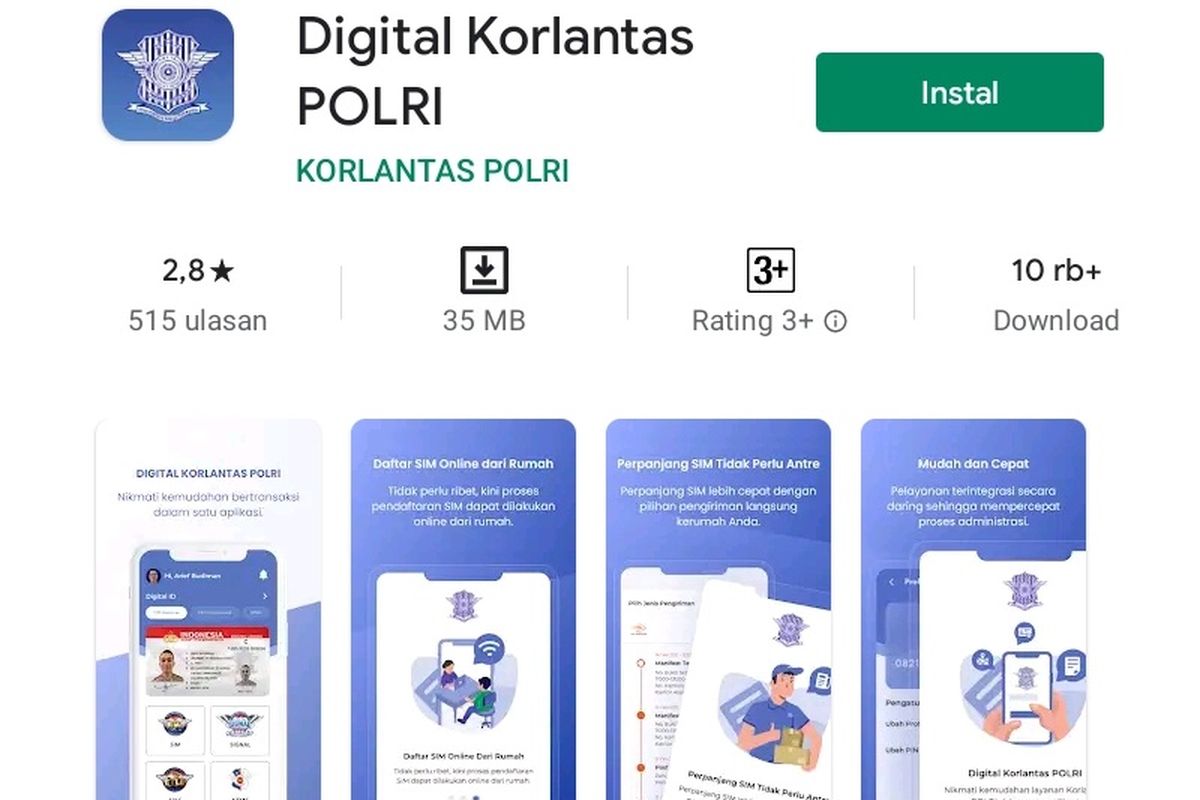 Tampilan aplikasi Digital Korlantas Polri yang mencakup layanan perpanjangan SIM A dan C.