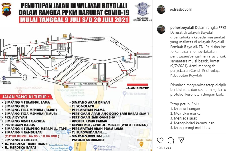 Penutupan jalan Kabupaten Boyolali, Jawa Tengah selama PPKM Darurat