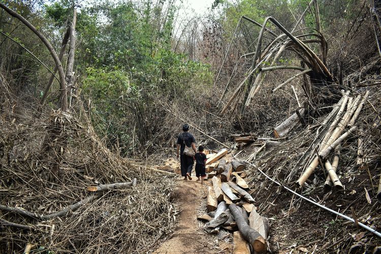 Kang Entri (35) dan anak lelakinya memasuki hutan tutupan di Gunung Puncak Salam di wilayah Kampung Adat Cireundeu, Kelurahan Lewigajah, Kecamatan Cimahi Selatan, Kota Cimahi. Tampak dedaunan dan pepohonan kering akibat kemarau panjang dan kebakaran hutan