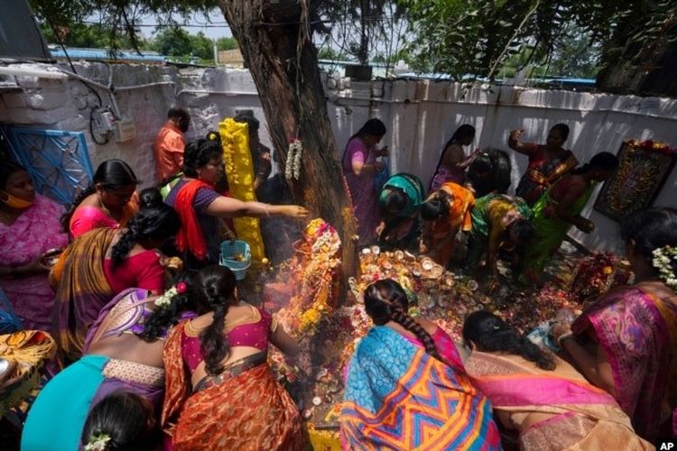 Umat Hindu berdoa di kuil ular selama festival Nag Panchami di Hyderabad, India, Selasa, 2 Agustus 2022. 