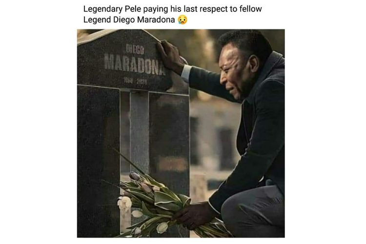 Gambar manipulatif dengan narasi Pele mendatangi makam Diego Maradona.