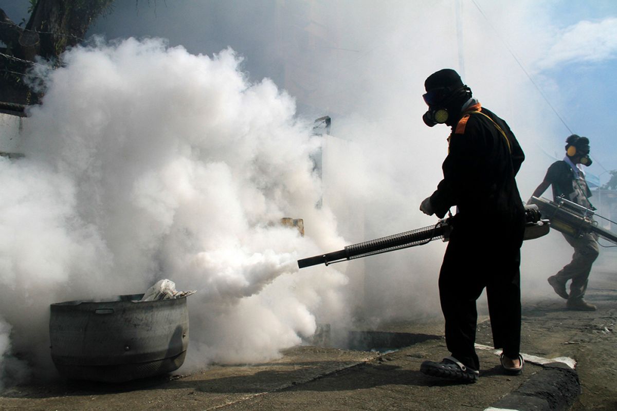 Petugas Dinas Kesehatan melakukan pengasapan (fogging) di Mamuju, Sulawesi Barat, Jumat (8/2/2019). Dinkes Mamuju melakukan fogging sebagai upaya untuk mencegah wabah penyakit Demam Berdarah Dengue (DBD) yang kerap muncul saat perubahan musim.