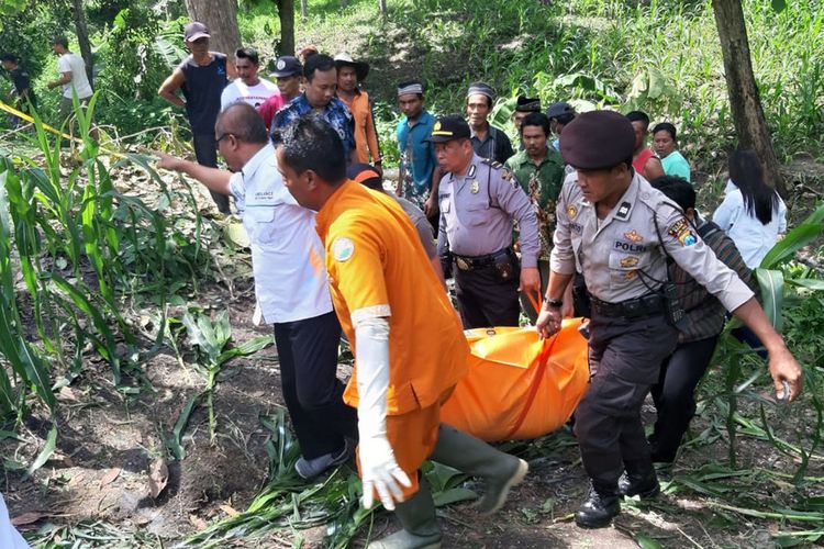 Warga Desa Banjarbanggi Kabupaten Ngawi digegerkan dengan temuan mayat perempuan tanpa busana di kebun jagung di petak 51 RPH Sidowayah BKPH Kedunggalar.(KOMPAS.COM/ANDI)