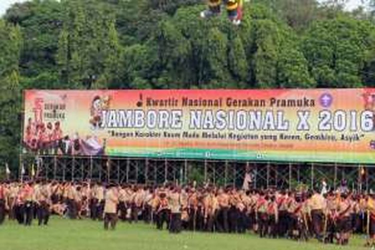 Suasana Jambore Nasional (Jamnas) X 2016 sekaligus Peringatan Hari Pramuka ke 55 di Lapangan Utama Bumi Perkemahan Cibubur.