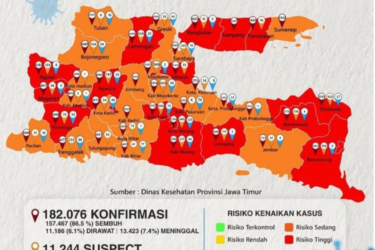 20 Daerah di Jatim yang Masuk Dalam Zona Merah, Selasa (6/7/2021).