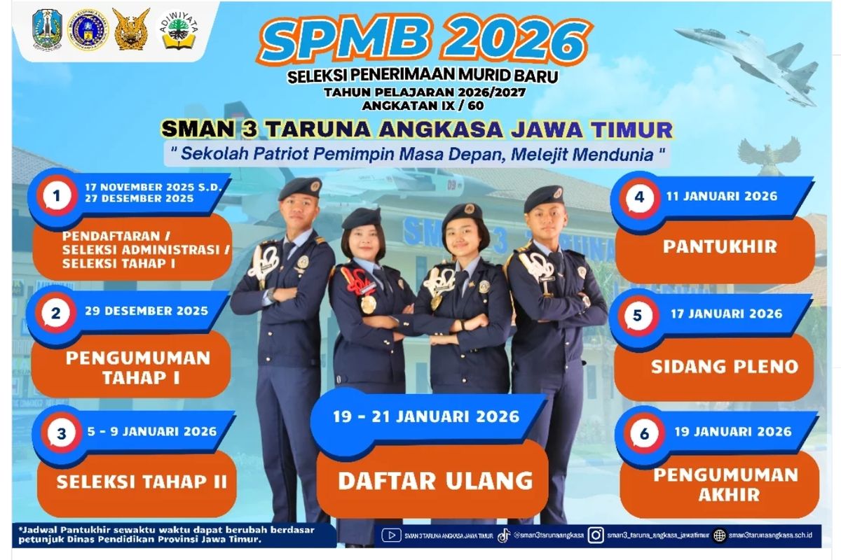SPMB SMAN Taruna Angkasa Madiun 2026/2027 sudah dibuka pada 17 November 2025 ini.