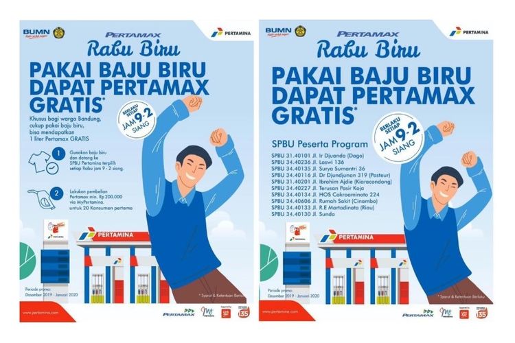 PT Pertamina (Persero) mengadakan promo bertema Pertamax Rabu Biru: Pakai Baju Biru Dapat Pertamax Gratis.