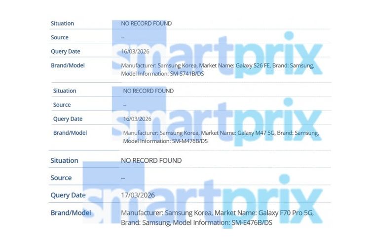 Samsung Galaxy S26 FE, Galaxy M47 5G, dan Galaxy F70 Pro 5G terlihat muncul di listing GSMA pada Maret 2026.