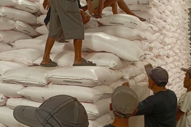 Sejumlah kuli angkut tengah mengangkut berbagaibjenis pupuk subsidi di Gudang PT Pupuk Indonensia Lini 3 di Kecamatan Nagrg, Kabuoaten Bandung, Jawa Barat, Rabu (24/9/2025)