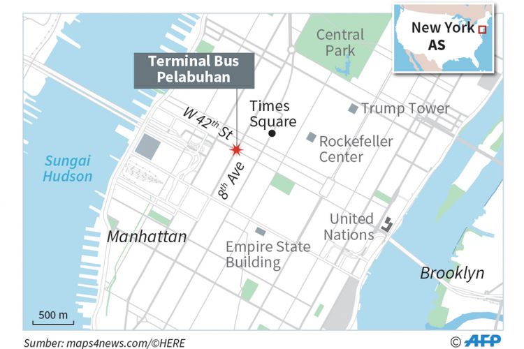 Peta ledakan di Manhattan, Senin (11/12/2017).