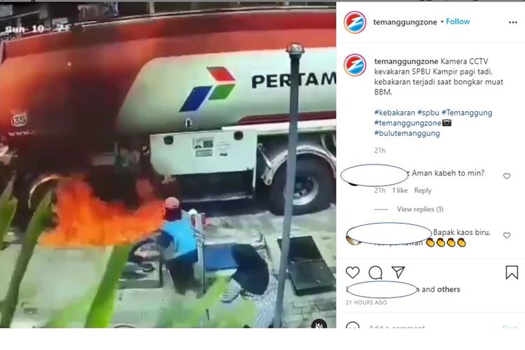 Tangkapan layar unggahan video kebakaran SPBU di Temanggung