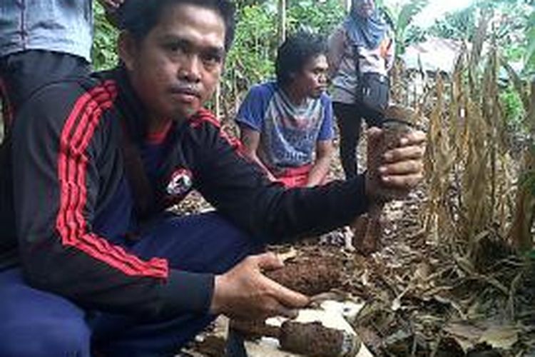Tiga buah granat aktif sesaat setelah ditemukan oleh warga di Kabupaten Bone, Sulawesi Selatan saat hendak menanam bibit pepaya di kebun. Jumat, (08/11/2013).