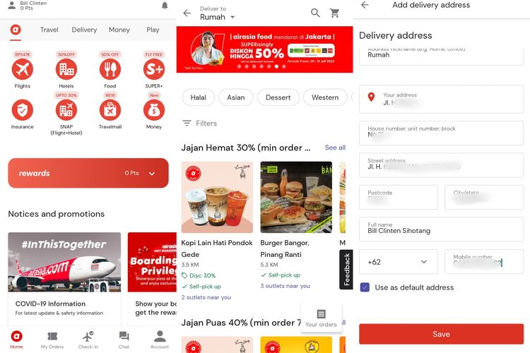 Cara memesan makanan di aplikasi AirAsia. Langkah pertama harus mengisi alamat pengguna terlebih dahulu.