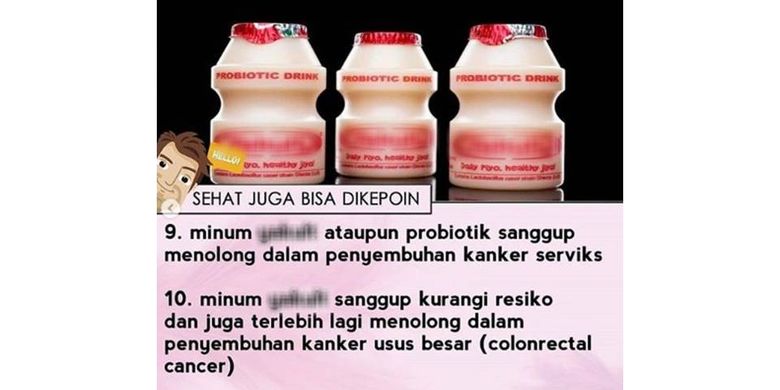 Tangkapan layar informasi yang beredar mengenai minuman probiotik.