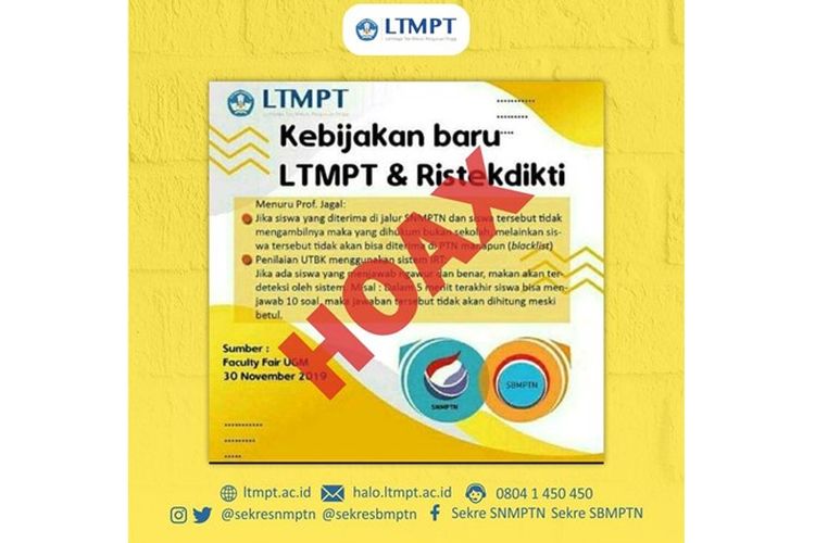 Hoaks mengenai kebijakan baru LTMPT dan Ristekdikti.