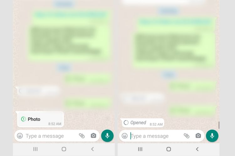 Tampilan foto/video yang dikirim menggunakan fitur View Once di WhatsApp. terdapat ikon angka 1  (kiri). Setelah dibuka, foto/video akan menyertakan informasi opened atau dibuka (kanan).