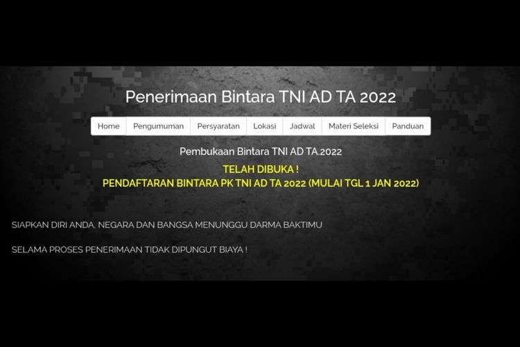 Pendaftaran TNI AD posisi Bintara dibuka sejak 1 Januari 2022.