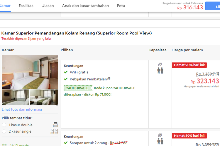 Harga yang tertera untuk kamar superior pemandangan kolam renang, Hotel Dafam Savvoya, Seminyak, Bali di situs Agoda.com