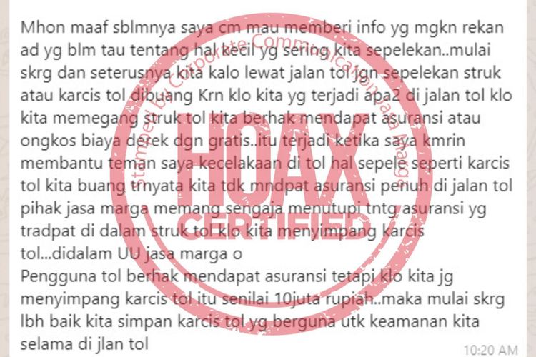 Tangkapan layar pesan singkat mengenai bukti transaksi tol yang dapat digunakan untuk klaim asuransi.