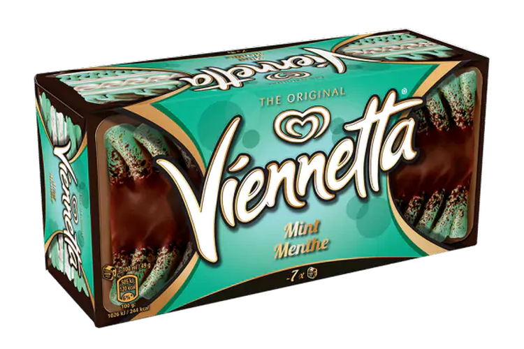 Ilustrasi es krim Viennetta rasa mint yang ada di Inggris.