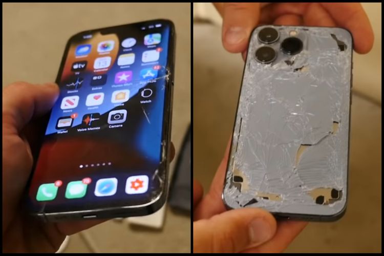 Kerusakan di bagian layar dan punggung iPhone 13 dalam drop test sebanyak tiga kali.