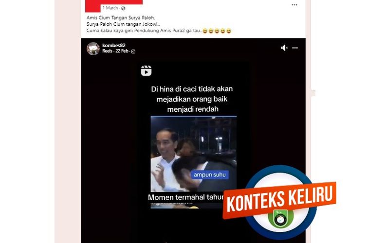 Tangkapan layar Facebook video yang menampilkan Surya Paloh mencium tangan Jokowi