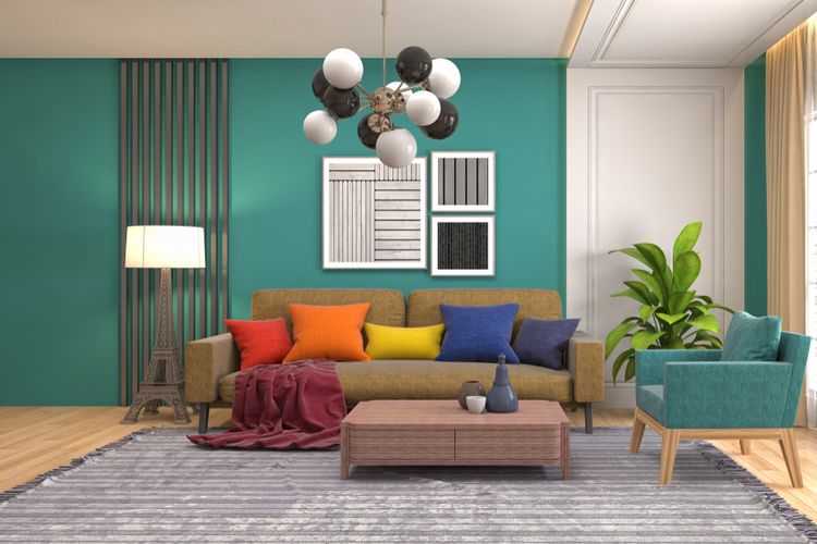 Penggunaan cat warna hijau pada dinding ruang tamu di rumah. Warna hijau adalah salah satu warna sejuk. 