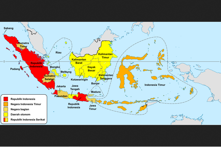 Pembagian wilayah Indonesia setelah Perundingan Renville yang dibatasi oleh Garis Van Mook. Daerah berwarna merah merupakan wilayah Indonesia, sedangkan sisanya menjadi daerah pendudukan Belanda.