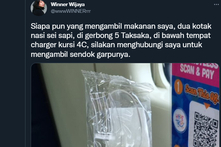 Tangkapan layar twit dari penumpang yang mengaku kehilangan makanannya di dalam kereta api.