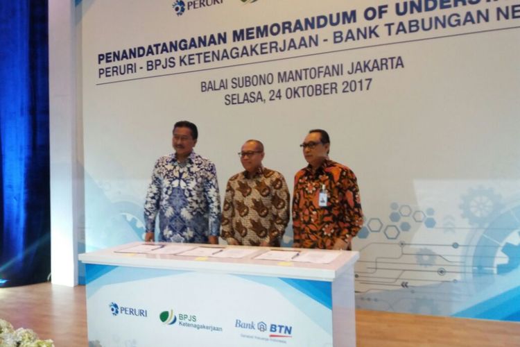 Kerja sama Peruri dengan BPJS Ketenagekerjaan dan BTN di  di Kantor Pusat Peruri, Jakarta, Selasa (24/10/2017). 