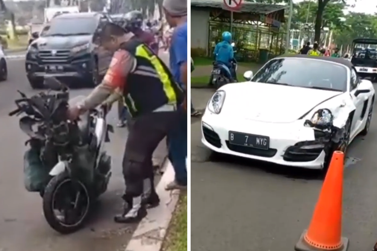 Kolas tangkapan layar video yang merekam situasi pascakecelakaan antara mobil Porsche dengan sepeda motor di Kota Tangerang, Selasa (17/5/2022).