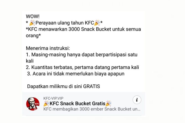 Status Facebook soal pembagian 3.000 snack bucket dari KFC.