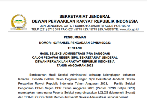 Hasil Seleksi Administrasi CPNS Setjen DPR RI Diumumkan, Kapan Masa Sanggah?
