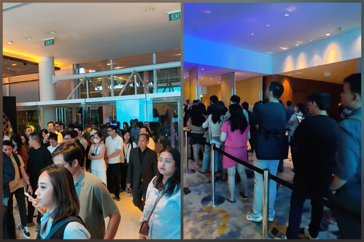 Antrean dekat pintu masuk venue Blibli Midnight Launch 2025 di Pullman Hotel Thamrin CBD, Jakarta Pusat, Kamis (16/10/2025). Gambar kiri menunjukkan anteran sudah mendekati pintu luar hotel.
