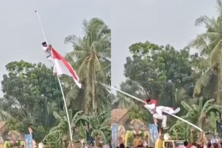 Kolase bidik layar video insiden tiang bendera patah di Lampung Selatan, Kamis (17/8/2023).