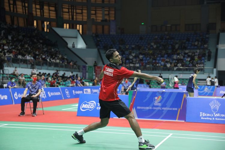 Tunggal putra Chico Aura Dwi Wardoyo saat pertandingan perempat final bulu tangkis SEA Games 2021 di Bac Giang Gymnasium, Jumat (20/5/2022). 