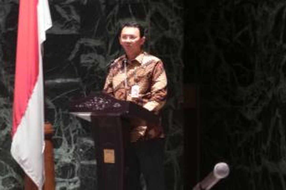 Gubernur DKI Jakarta Basuki Tjahaja Purnama saat menjadi narasumber dalam Talkshow Strategi Tata Kelola Anggaran yang Efektif, di Balaikota, Kamis (11/12/2014).