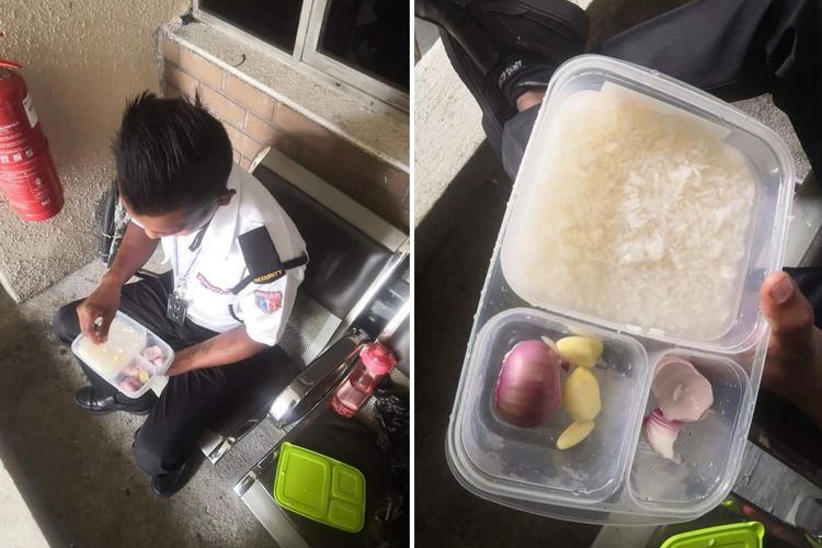 Foto satpam di Malaysia yang menyantap nasi lauk bawang, viral di Facebook. Apit Lid yang mengunggah fotonya pada Minggu (7/3/2021) mengatakan, satpam itu menyisihkan 90 persen gajinya untuk keluarga di kampung, dan sebulan belanja makanan tak sampai Rp 350.000.