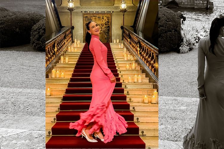 Gaya Luna Maya saat menghadiri pernikahan di Italia.