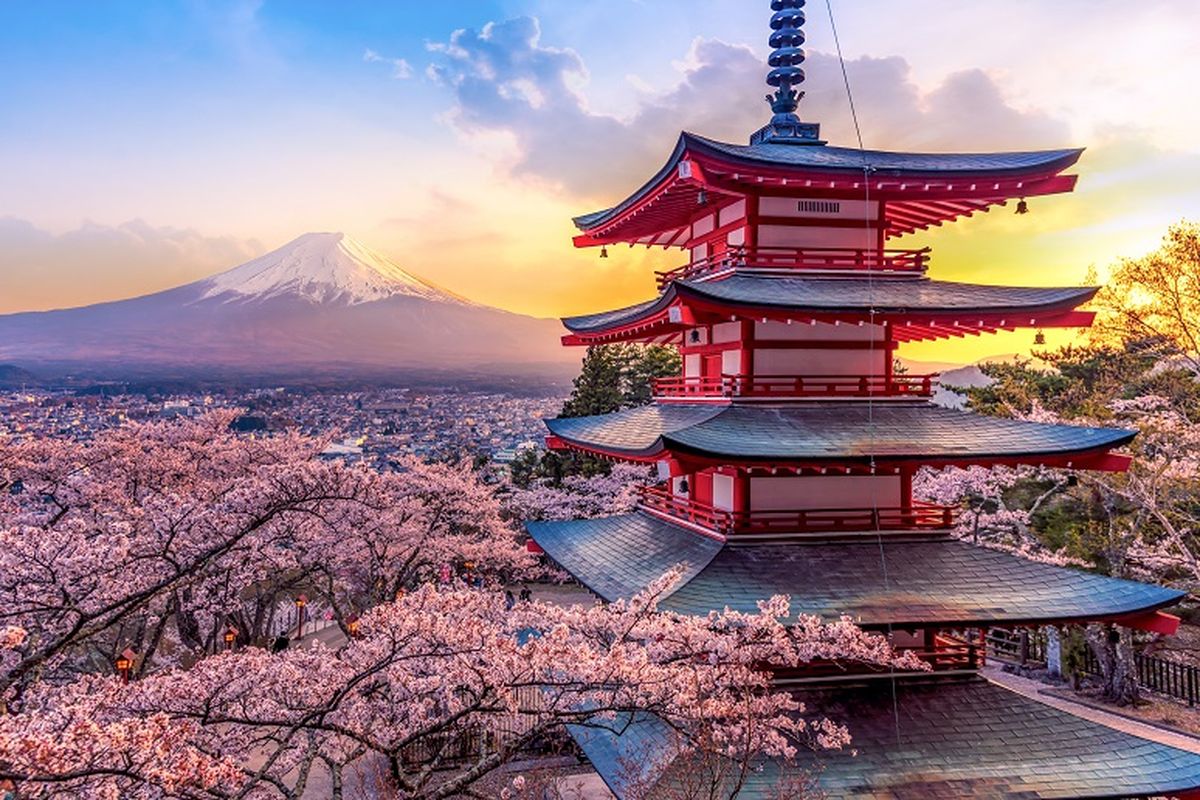 Fujiyoshida, Japan Beautiful view of mountain Fuji and Chureito pagoda at sunset, japan in the spring with cherry blossoms