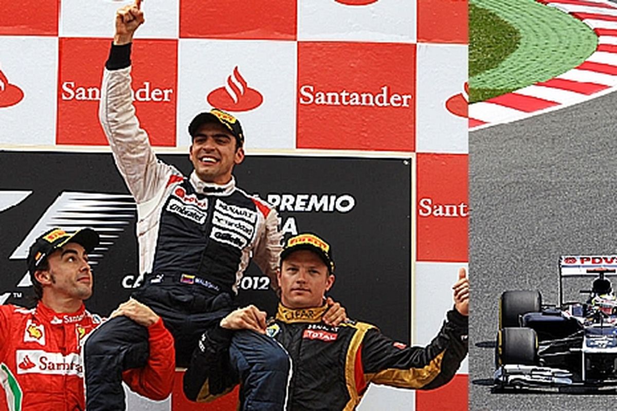 Maldonado diangkat oleh Alonso (kiri) dan Raikkonen. Maldonado (kanan) saat balapan