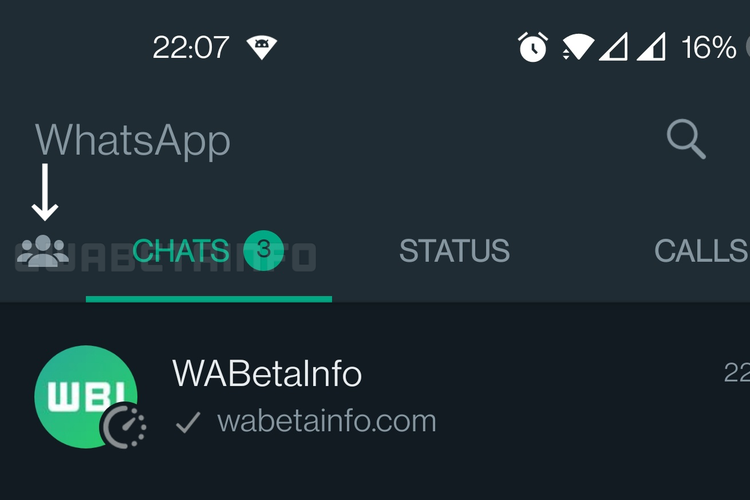 Tangkapan layar yang menunjukkan lokasi tempat fitur Community diletakkan di aplikasi WhatsApp.