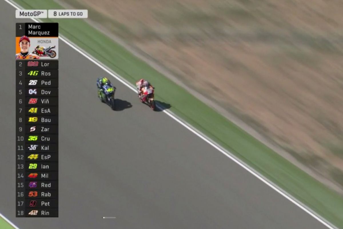 Momen saat Pedrosa menyalip Rossi dari sebelah kiri.