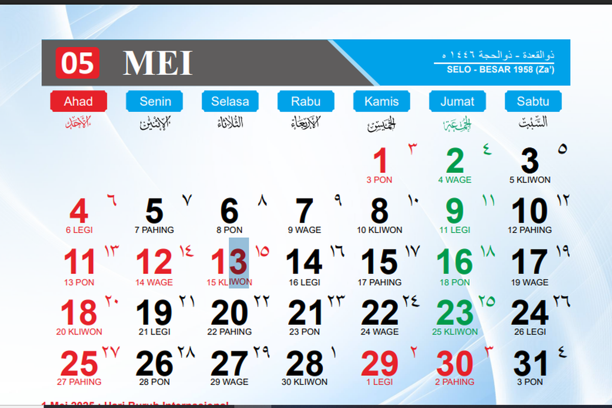 Kalender Mei 2025. 30 Mei libur apa? cek kalender bulan ini dan cuti bersama 