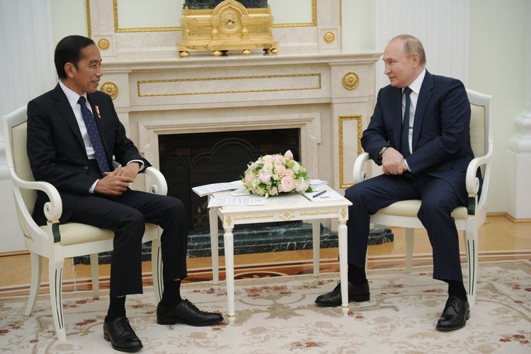 Presiden Rusia Vladimir Putin (kanan) bertemu dengan Presiden Indonesia Joko Widodo di Kremlin, Moskwa, Rusia, Kamis (30/6/2022). 