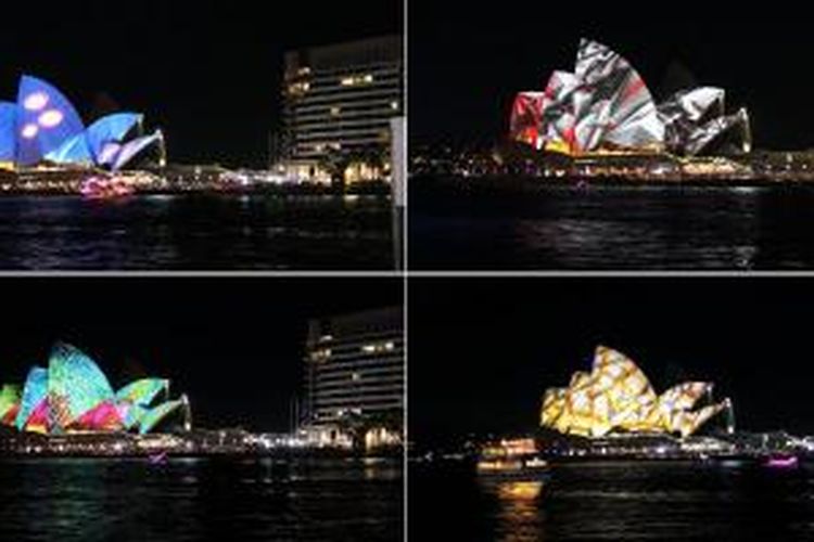 Permainan cahaya yang direfleksikan dengan teknologi spatial augmented reality (juga dikenal sebagai projection mapping atau video mapping) pada atap gedung Opera House di Sydney, Australia.