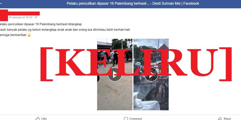 Tangkapan layar Facebook narasi yang menyebut bahwa seorang penculik berhasil ditangkap di Pasar Ilir 16 Palembang